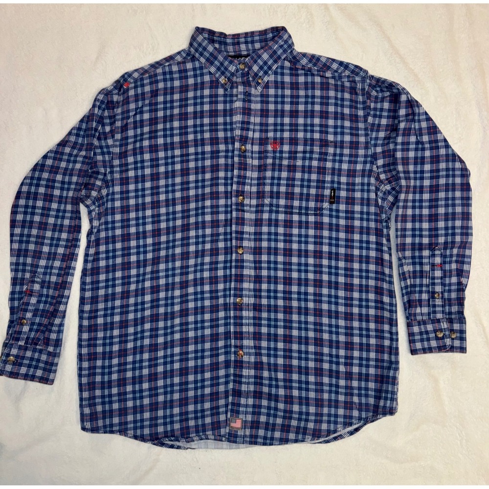 Ariat FR Work Shirt Mens XL Blue Plaid Flame Resistant CAT 2 Button Down Long Sl